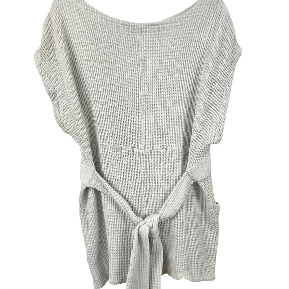 Free People Gray Waffle Knit Romper M Open Back Tie Waist Pockets Boho